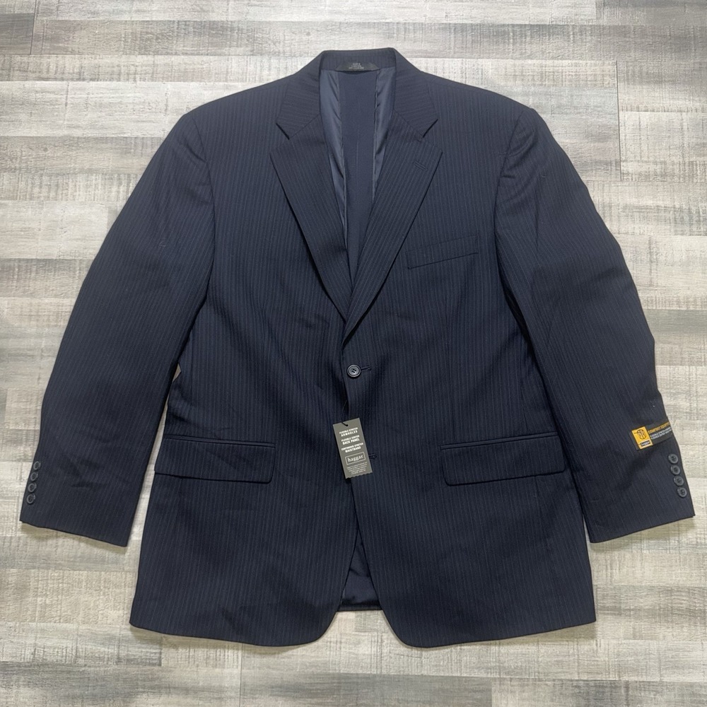 Haggar Comfort Equipped Men's Navy Pin Stripes Button 100% Wool Blazer 44R NWT